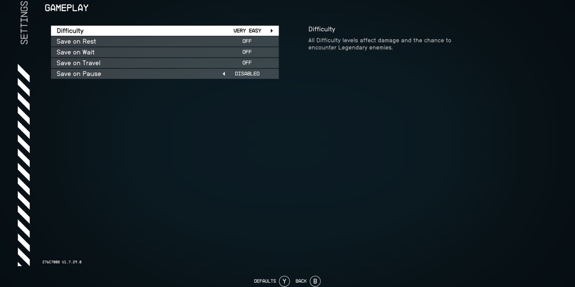 The difficulty menu in Starfield