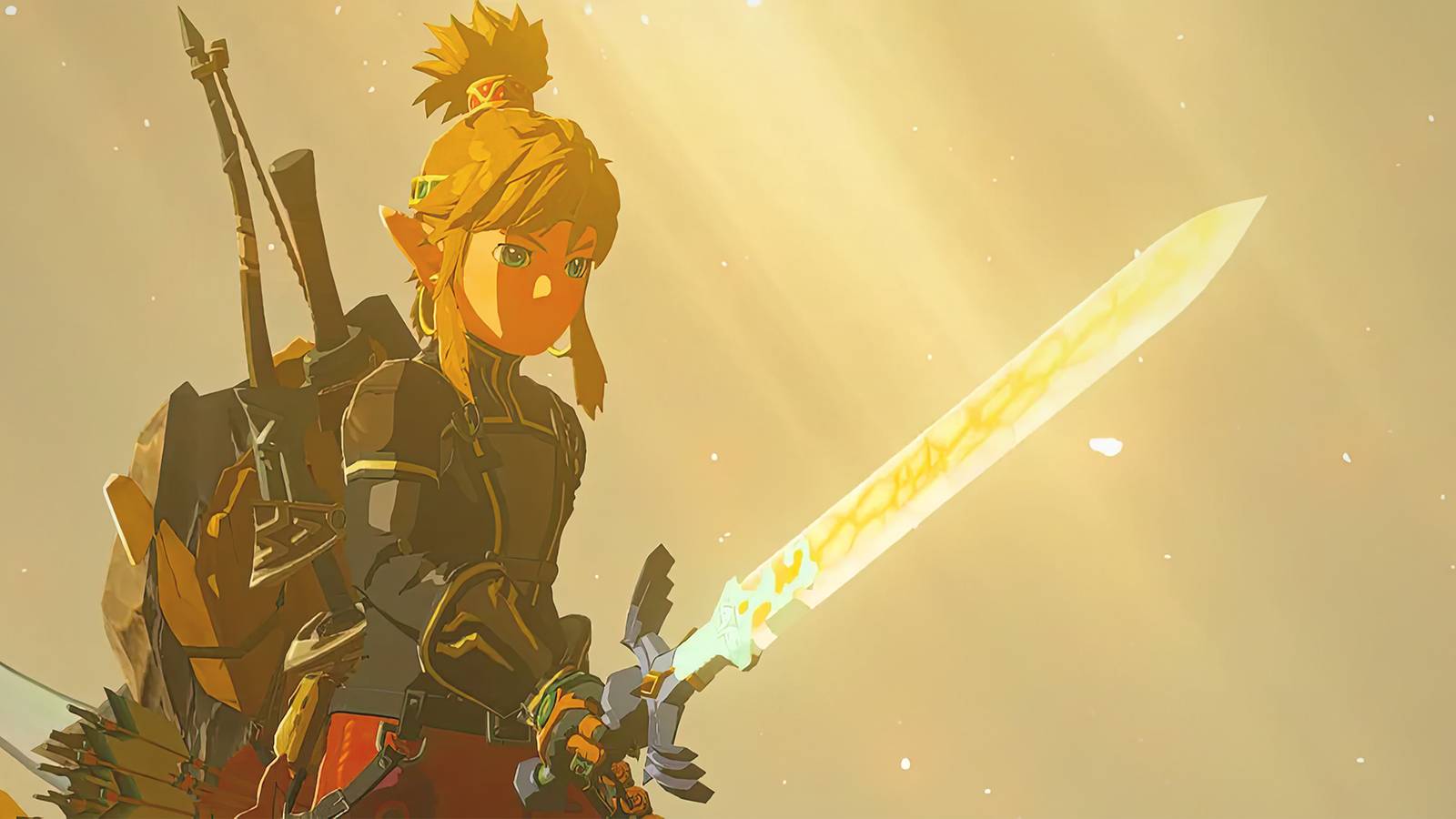 The Legend of Zelda Tears of the Kingdom TOTK Link holding Master Sword upscaled