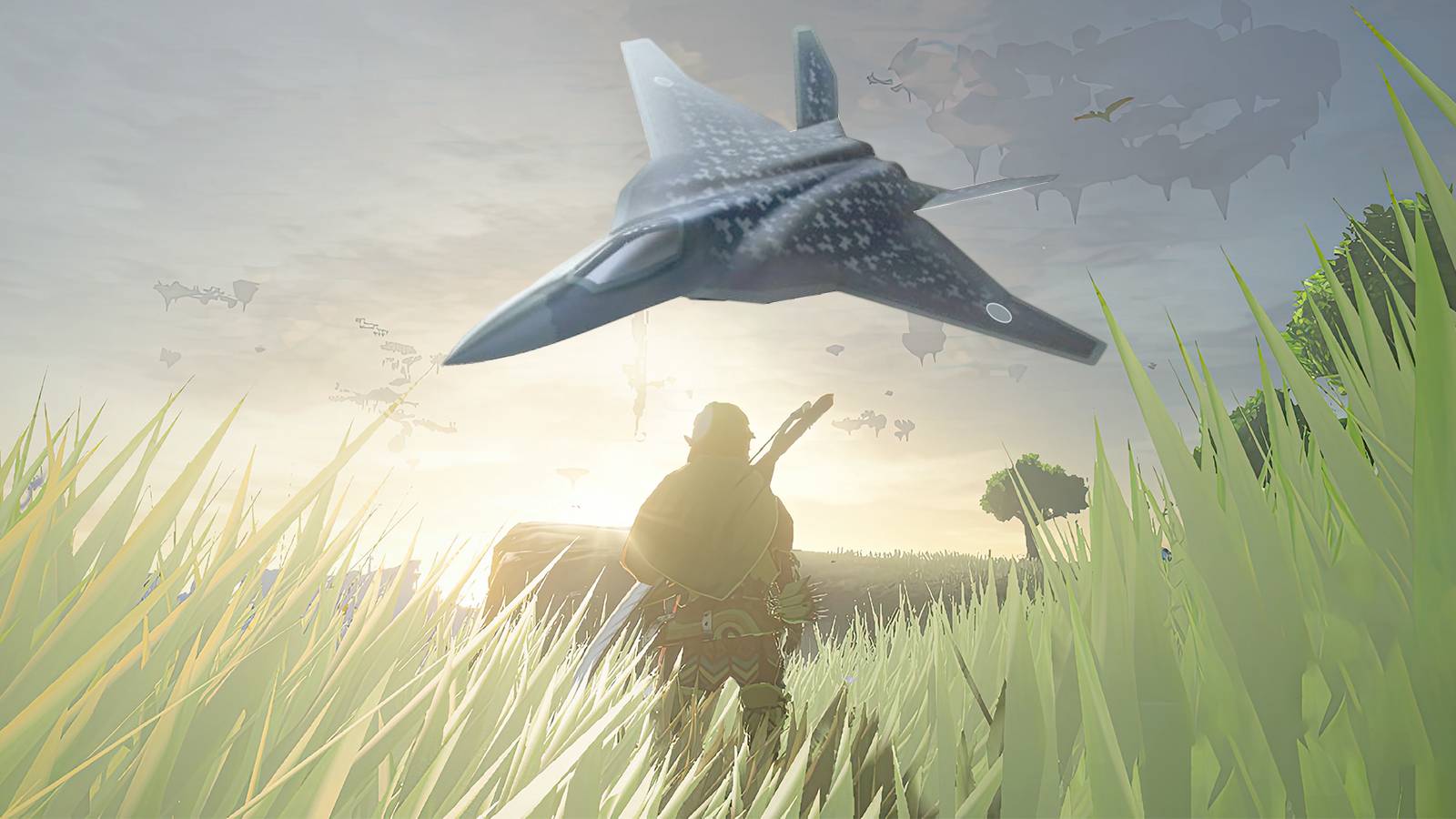 The Legend of Zelda Tears of the Kingdom TOTK Link standing below Mitsubishi F-X fighter jet concept