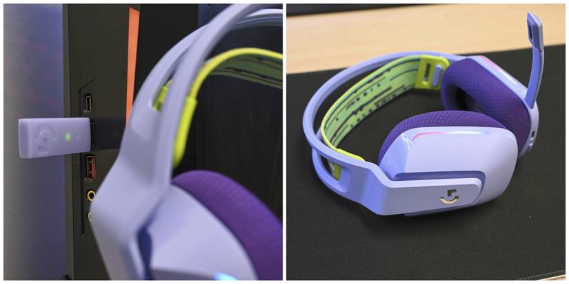 The Logitech G733 headset with the mic plugged in and wireless dongle