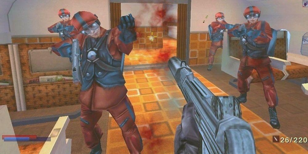 The player character points a submachine gun toward enemy soldiers