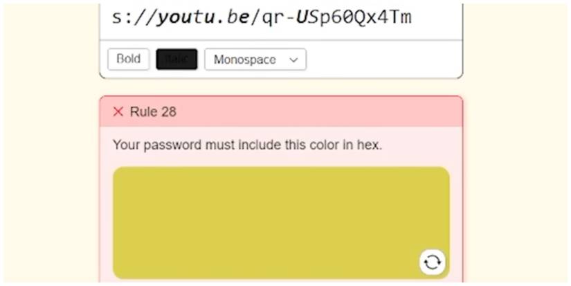 The Password Game, Rule Box Shows A Random Yellow Color And Asks For Its Hex Code