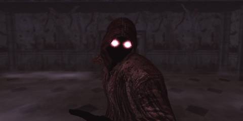 The Raincoat Killer looks at camera with red eyes in Deadly Premonition
