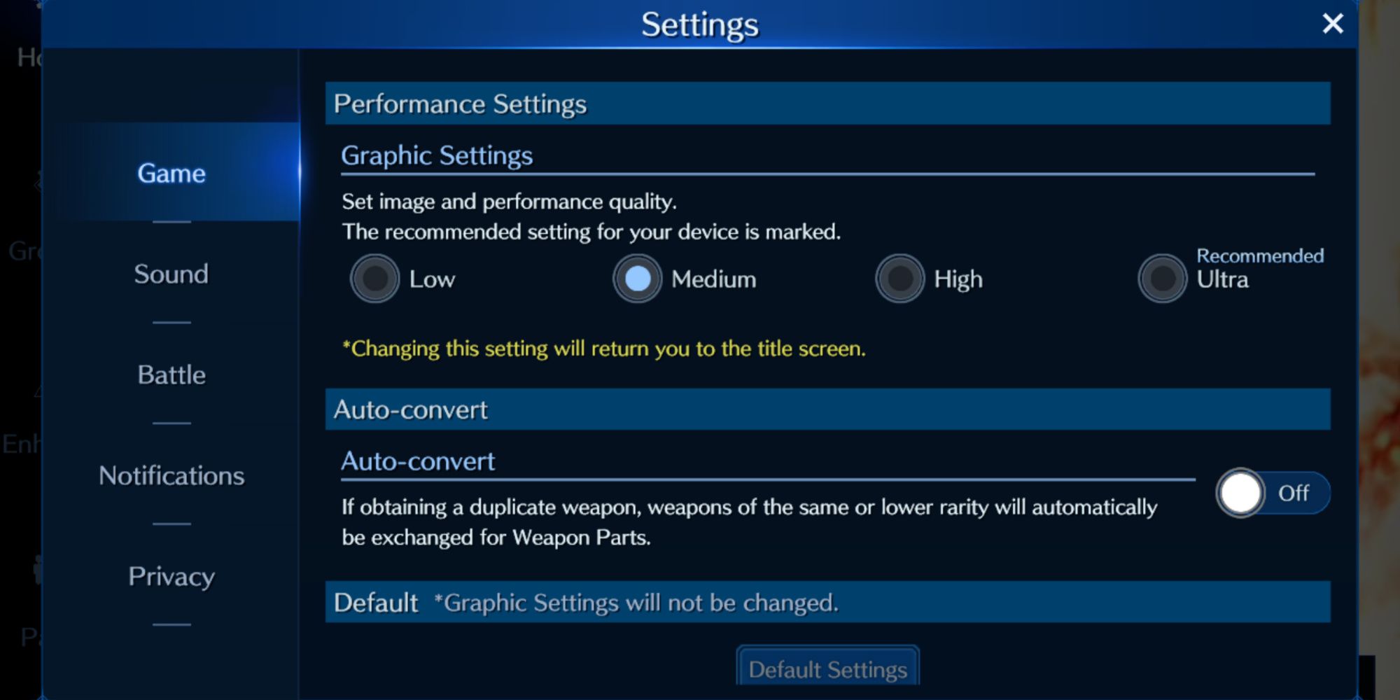 The settings menu in Final Fantasy 7 Ever Crisis