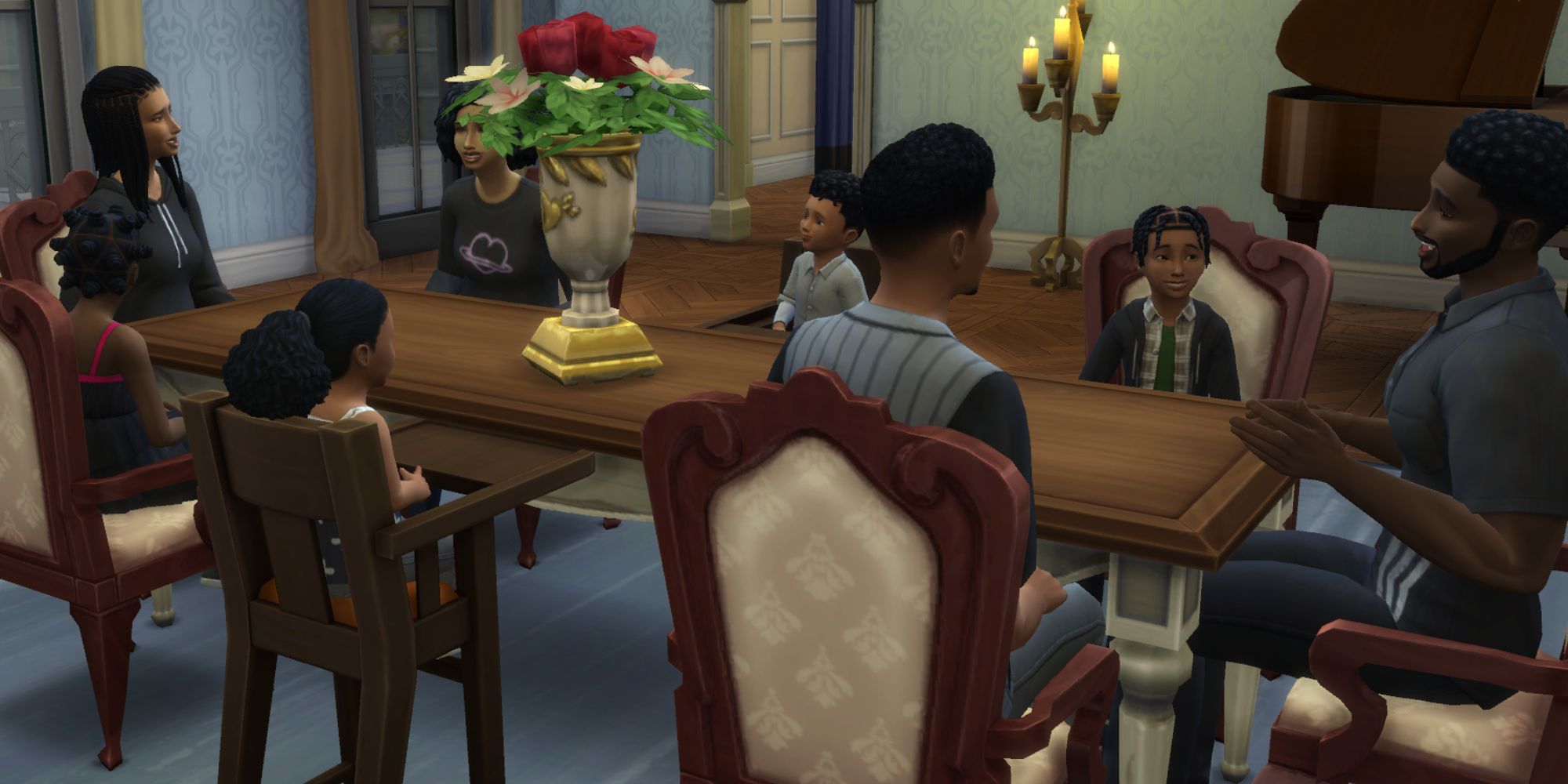 A house full of children sitting at a dinner table with their parents