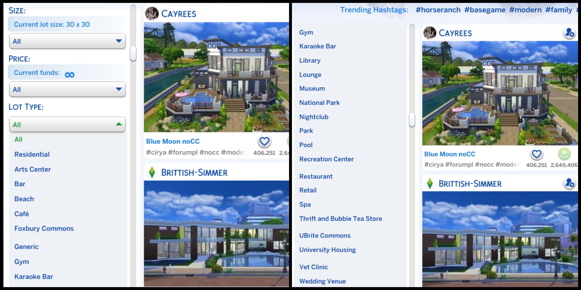 Two side-by-side screenshots from the gallery showing the many different lot types in The Sims 4