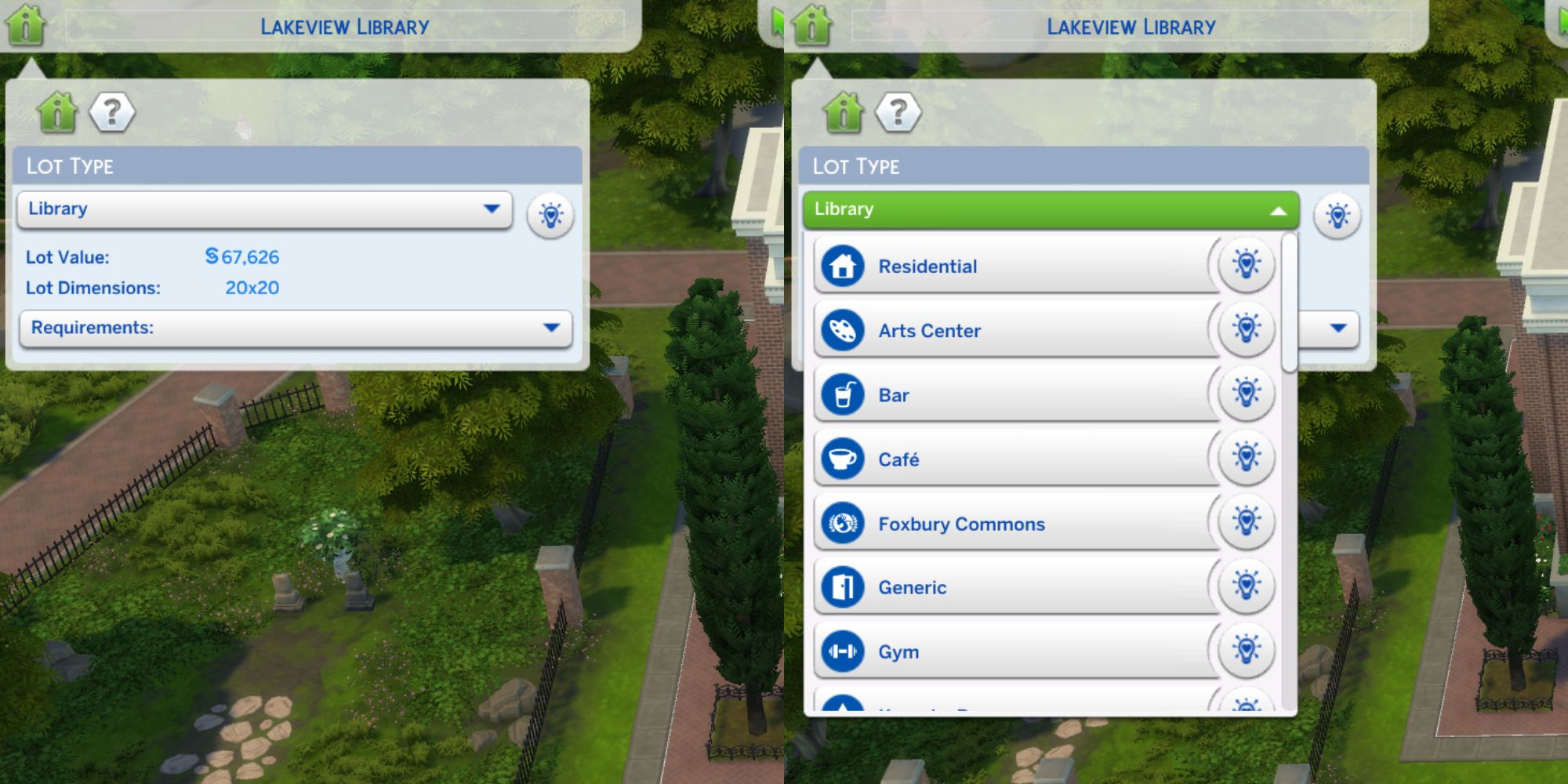 An indication of where you can change the lot types in The Sims 4