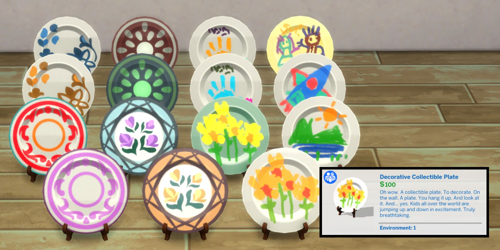 The Decorative Collectible Plate has a funny description with a mock serious tone from build/buy mode