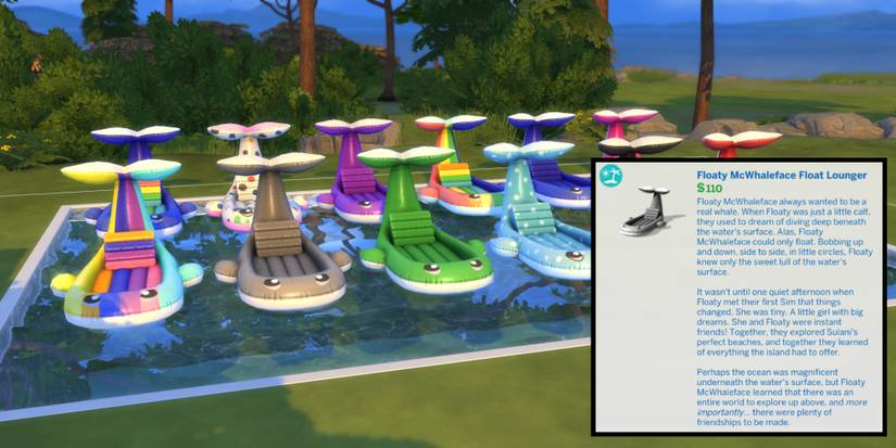 The Floaty McWhaleface Float Lounger has a very long and very funny description in build/buy mode