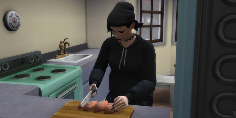 A Sim is cooking up some Pufferfish Nigiri in the kitchen