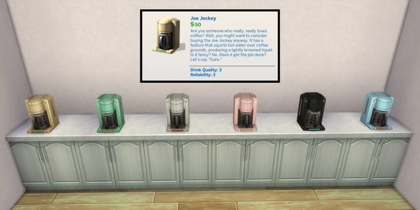 The Joe Jockey is a cheap coffee machine and has a funny description in build/buy mode