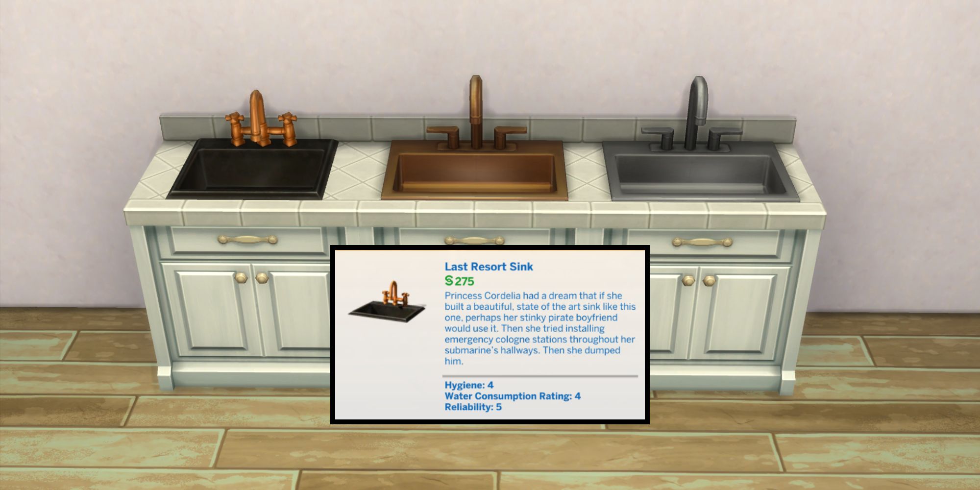 The Last Resort Sink has a funny description in build/buy mode