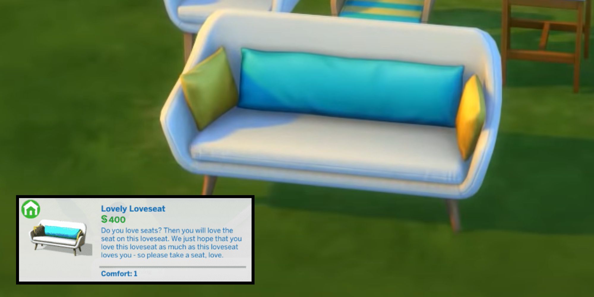 The Lovely Loveseat has a funny description in build/buy mode