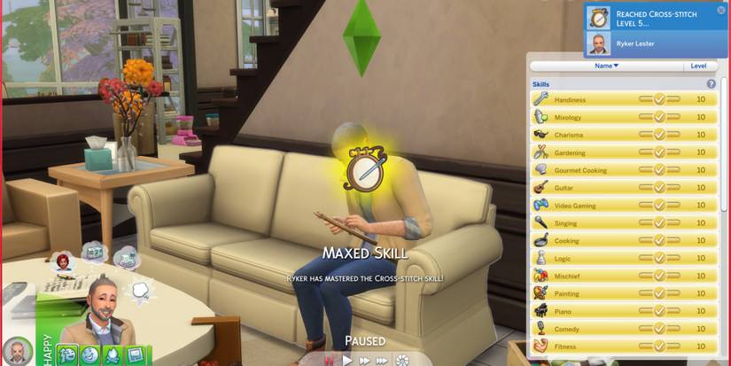 A Sim has mastered many skills in his life and has just reached level five of the cross-stitch skill in The Sims 4