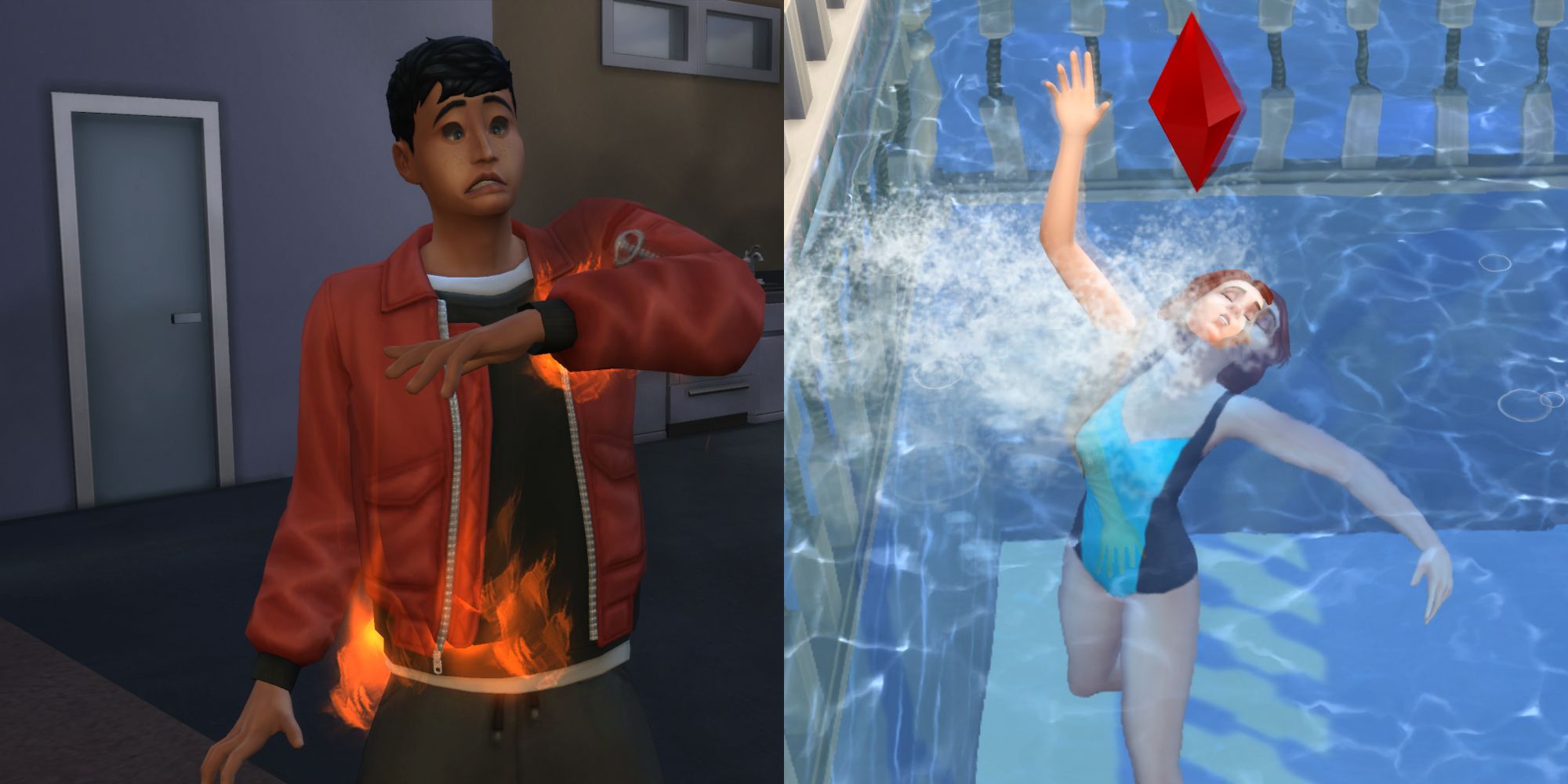 At the hands of an evil Sim and player, one Sim is burning to death while the other one drowns