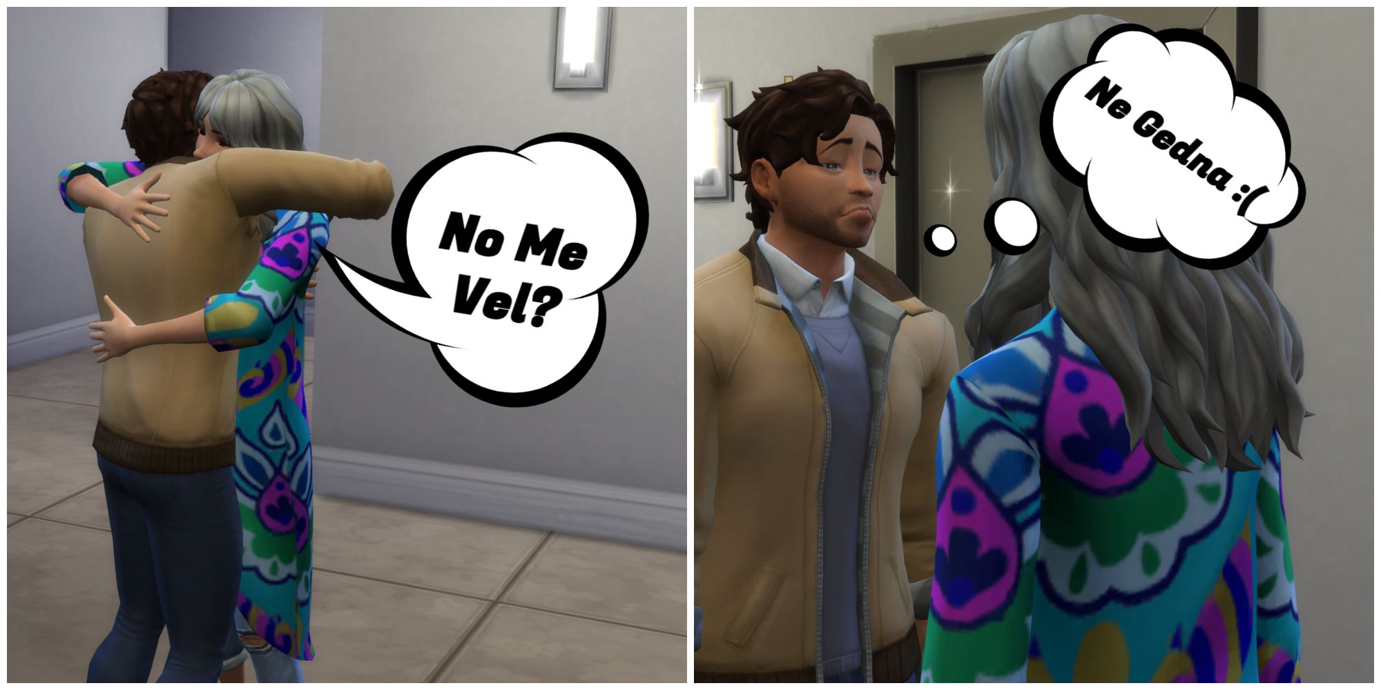 A Sim asks her son how he's doing in Simlish and he replies not so good.