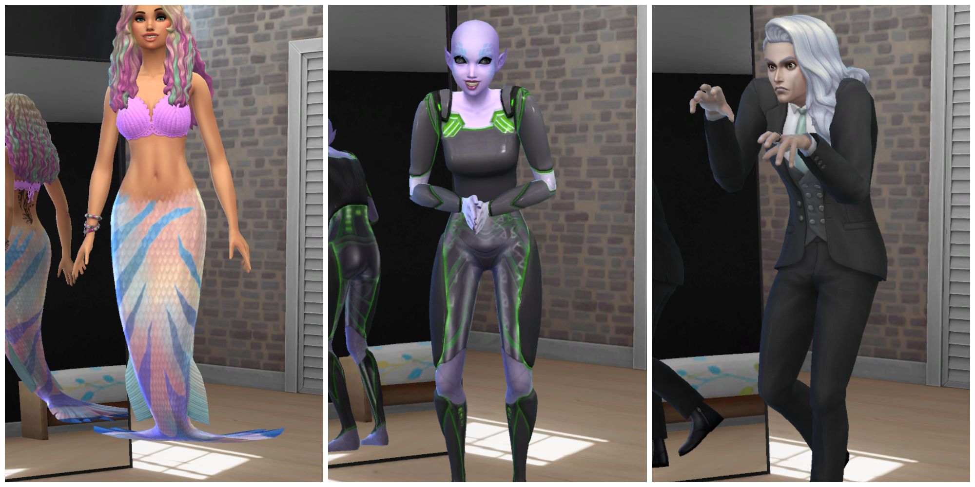 Three examples of occult Sims: mermaid, alien, vampire