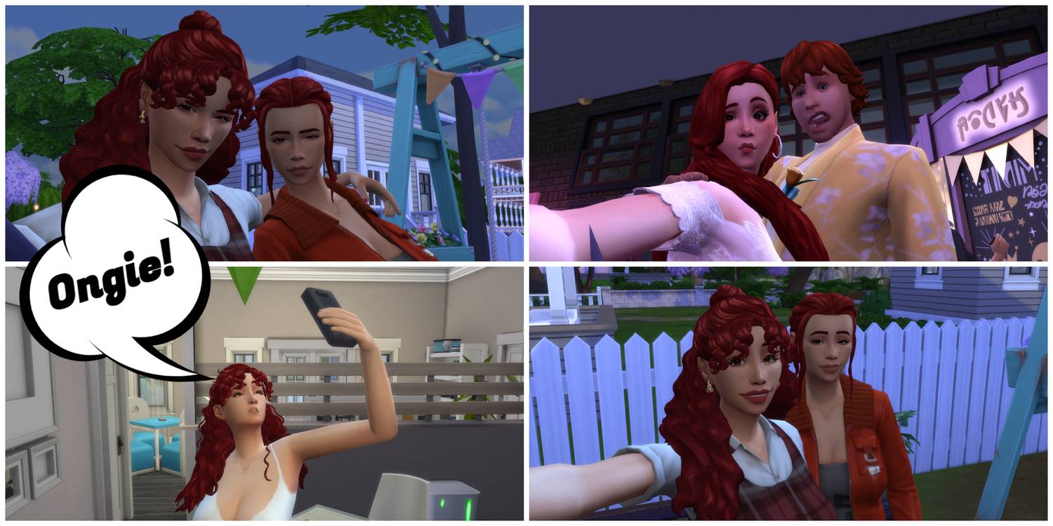 A selfie-obsessed Sim says Ongie in Simlish before taking a selfie