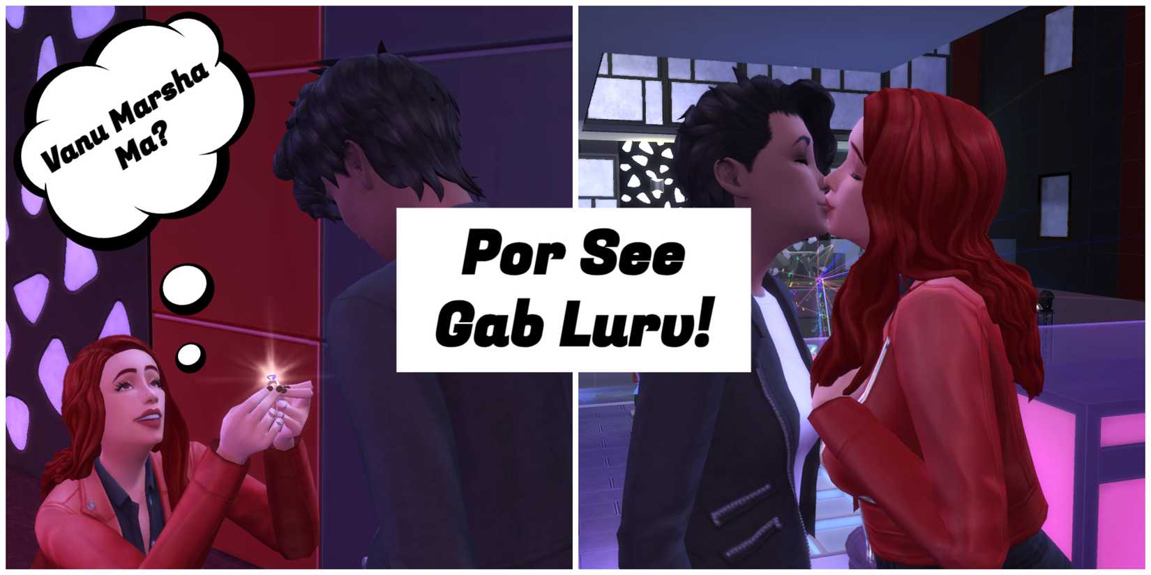 A Sim says I love you to her partner in Simlish and asks them to marry her