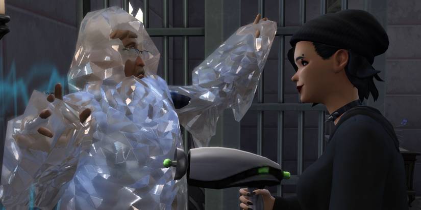 An evil Sim uses the Sim Ray to terrorize Geoffrey Landgraab