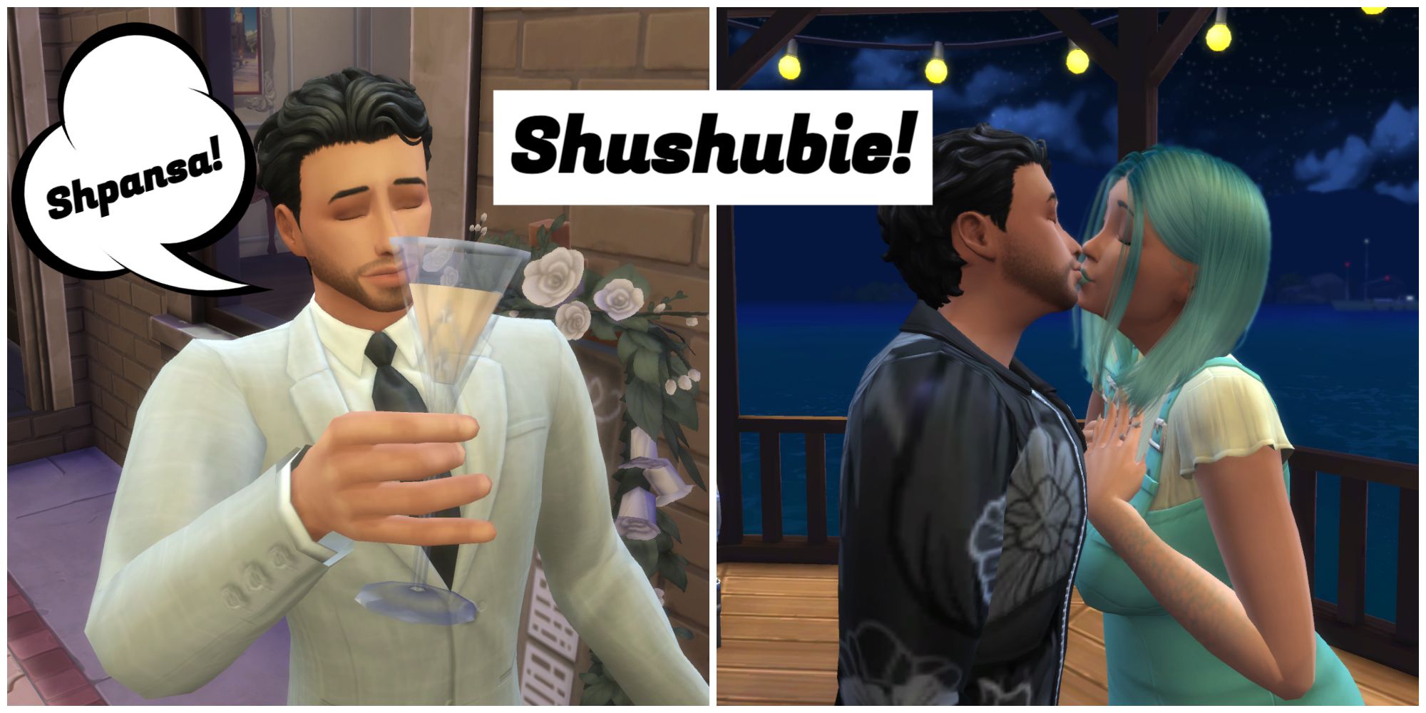 The Sims kiss on New Year's and say Shushubie and Shpansa in Simlish to celebrate