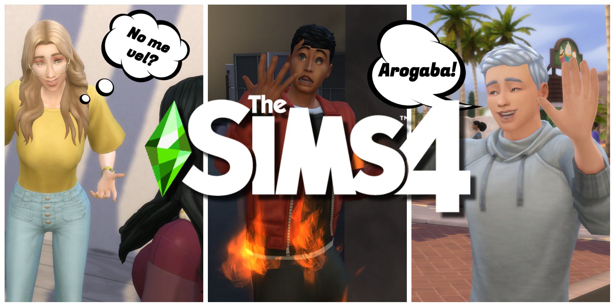 A collage of Sims speaking Simlish, the make-believe language in Sims games