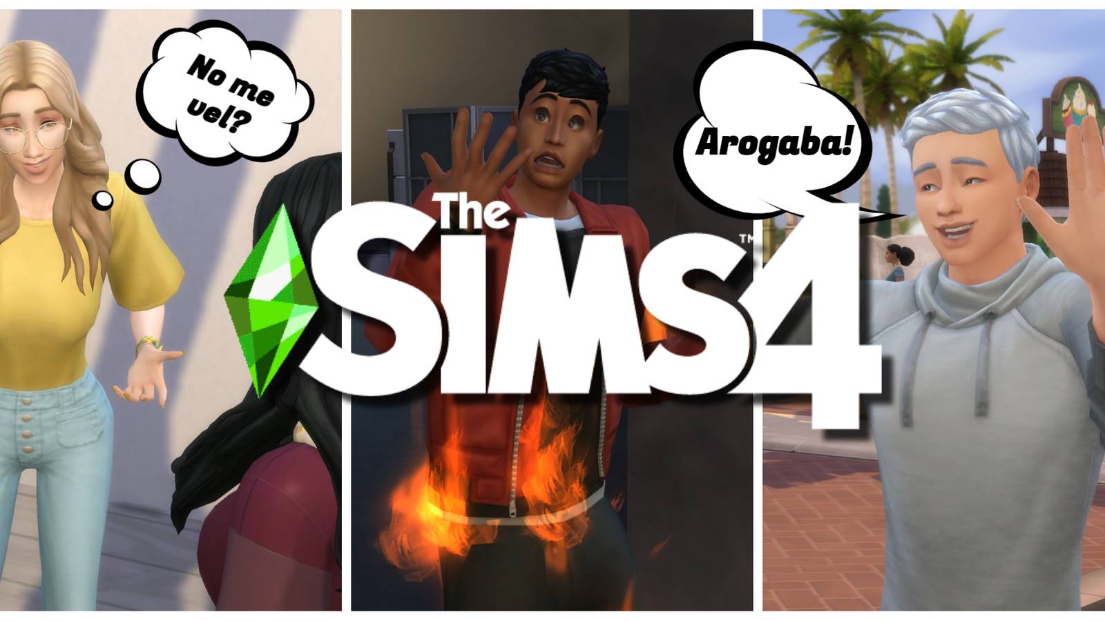 A collage of Sims speaking Simlish, the make-believe language in Sims games