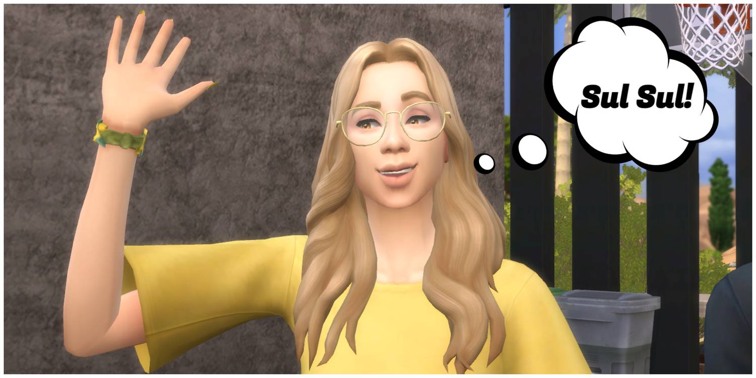 A Sim says Sul Sul in Simlish to a visiting friend