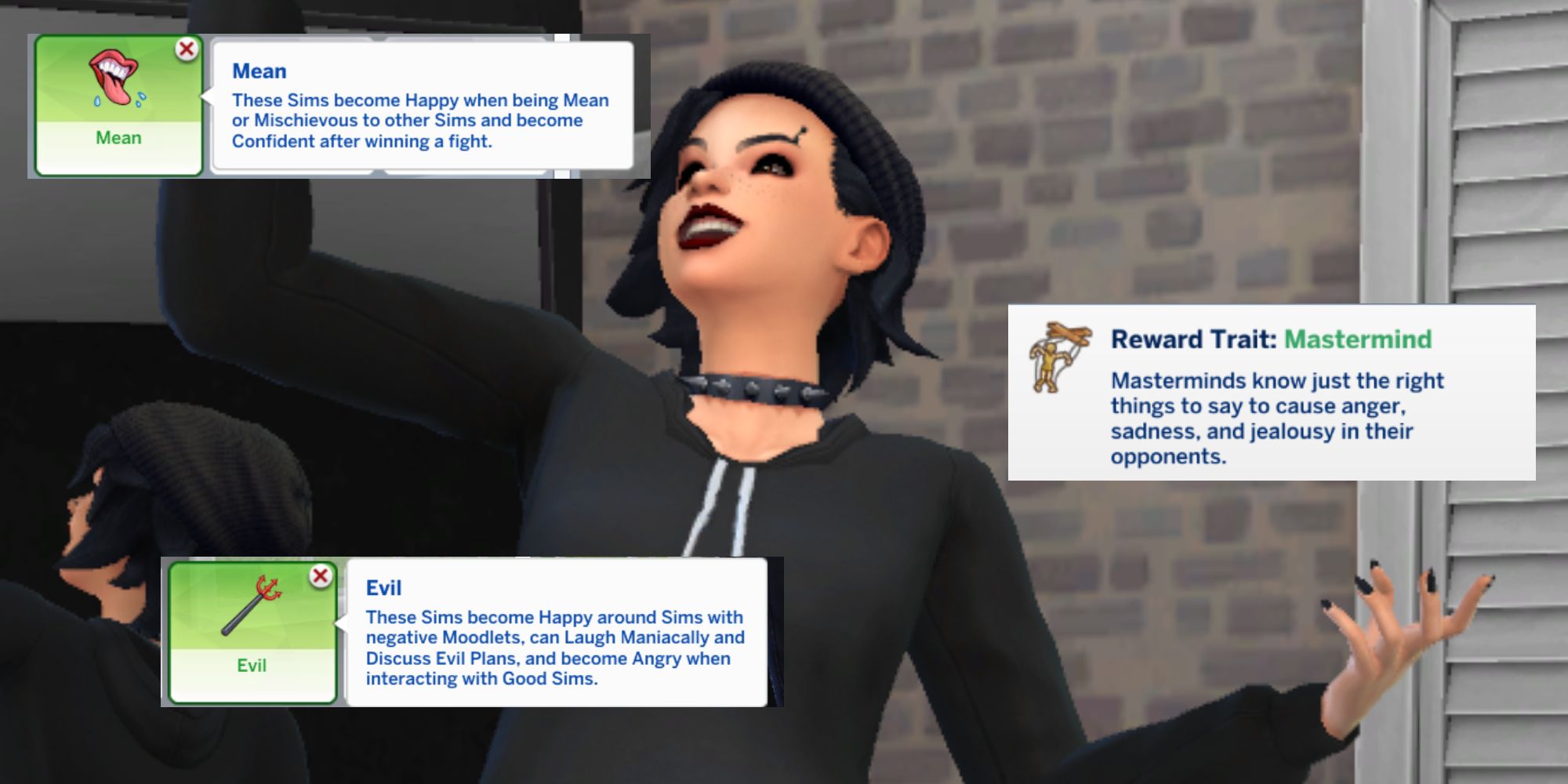 An evil Sim selects the traits Evil, Mean, and Mastermind
