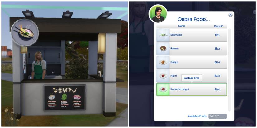At Japanese Food Stalls, Sims can order traditional Japanese dishes, including Pufferfish Nigiri