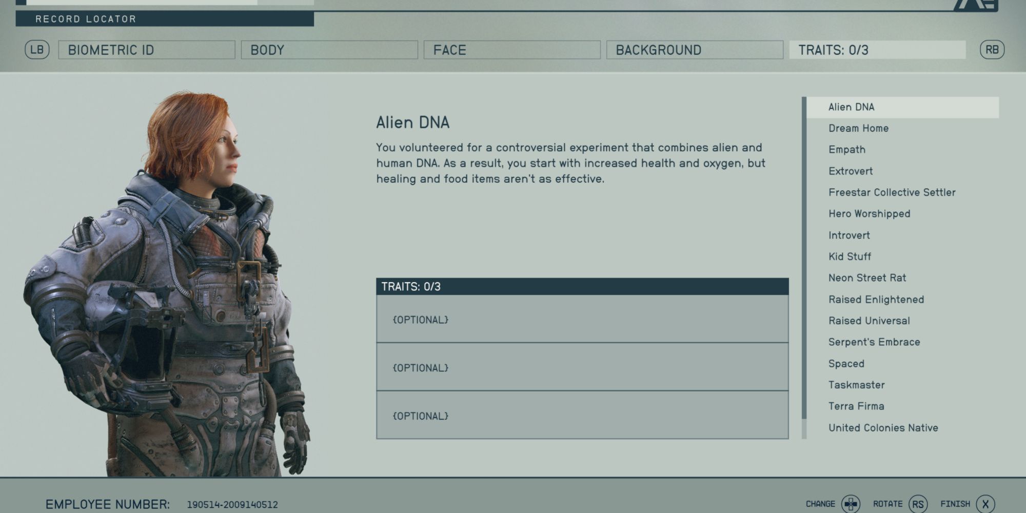 The traits menu in Starfield