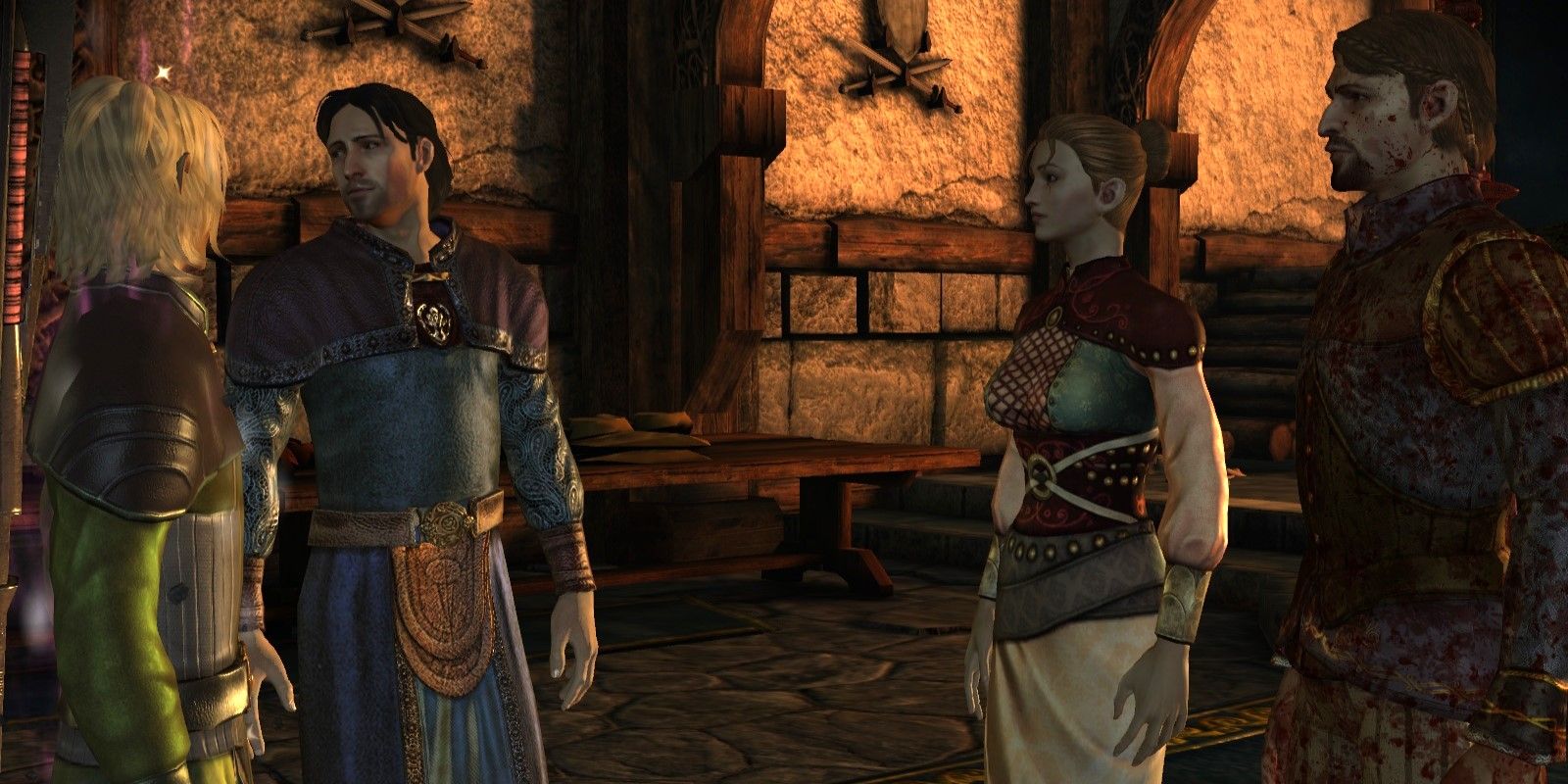 The Warden, Jowan, Bann Teagan, and Isolde discuss options in Redcliffe