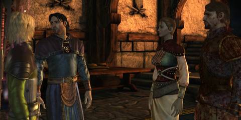 The Warden, Jowan, Bann Teagan, and Isolde discuss options in Redcliffe