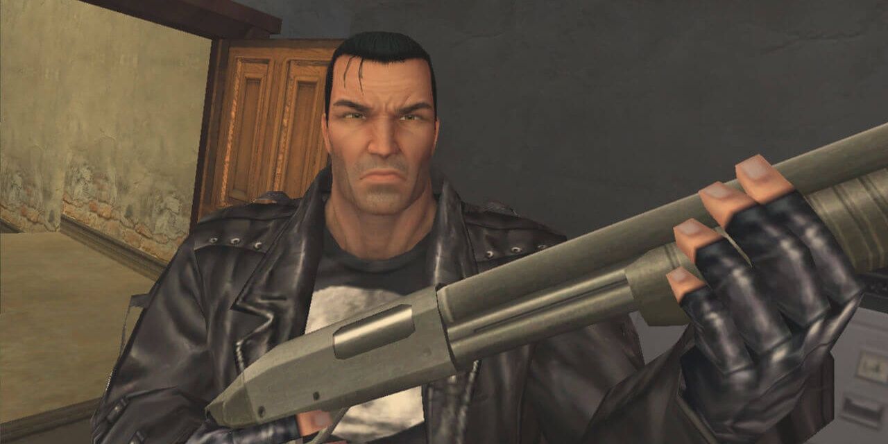 The Punisher having just entered the room and holding a shotgun