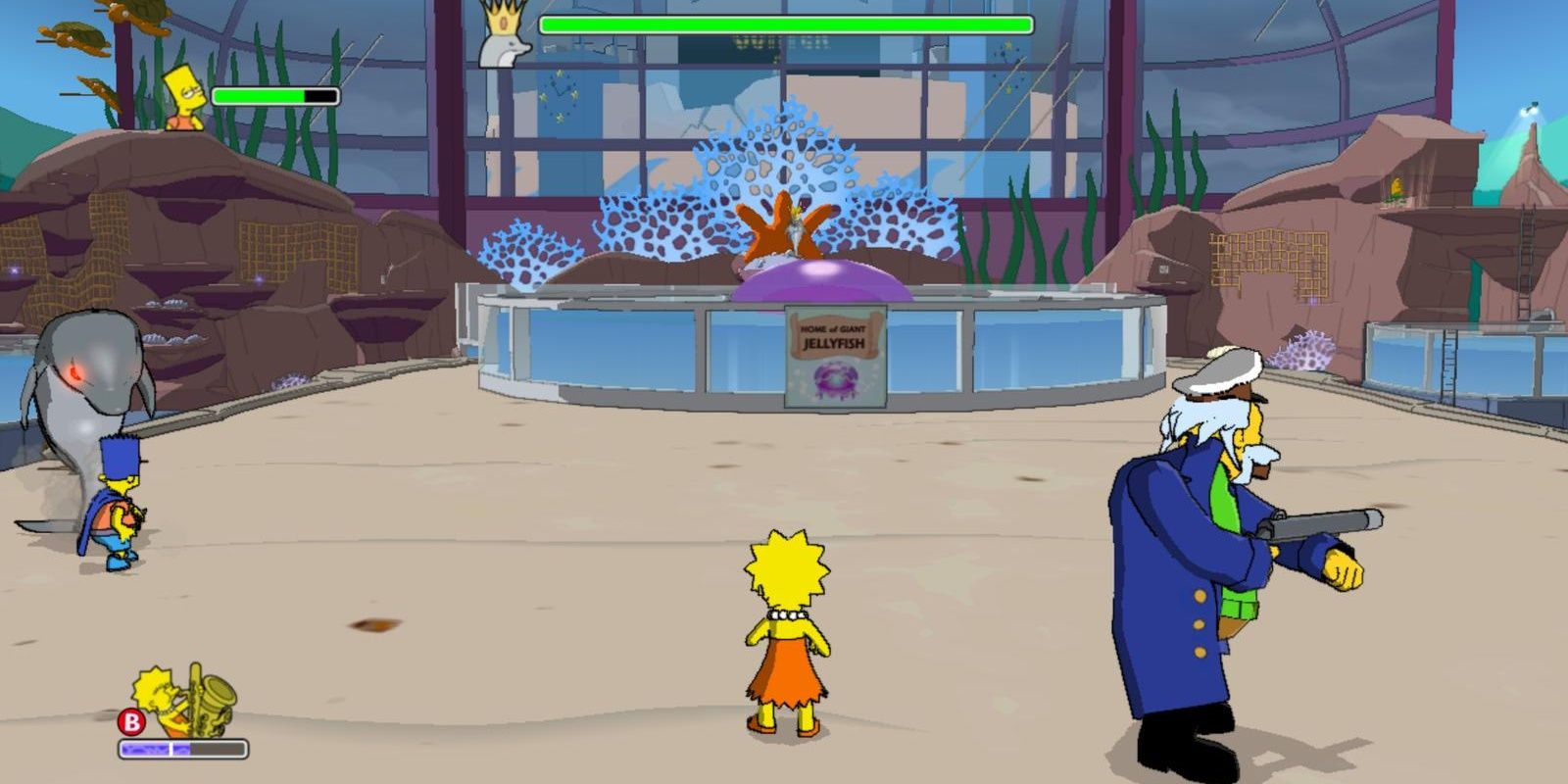 Lisa with her back towards the camera standing near the Sea Captain as they fight dolphins in The Simpsons Game