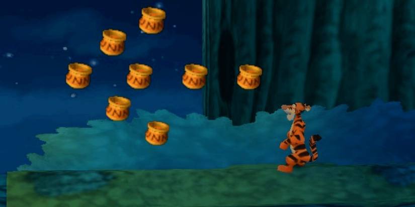 An arrow made of Honey Pots that Tigger is walking towards in Tigger's Honey Hunt