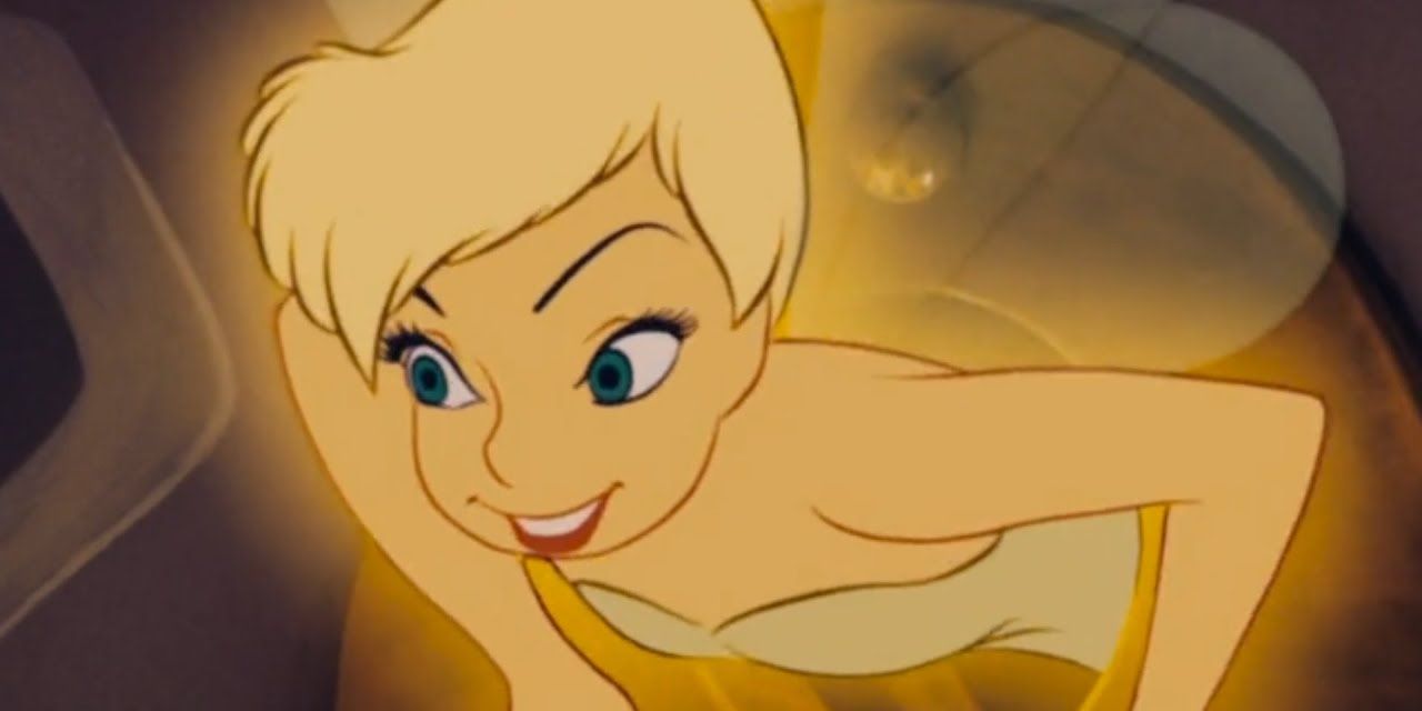 An image of Tinkerbell smiling and flying at the same time.