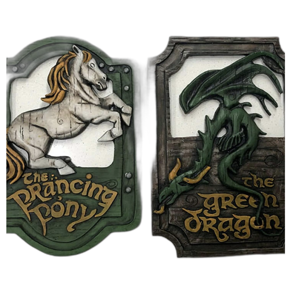 Prancing pony and Green Dragon signs