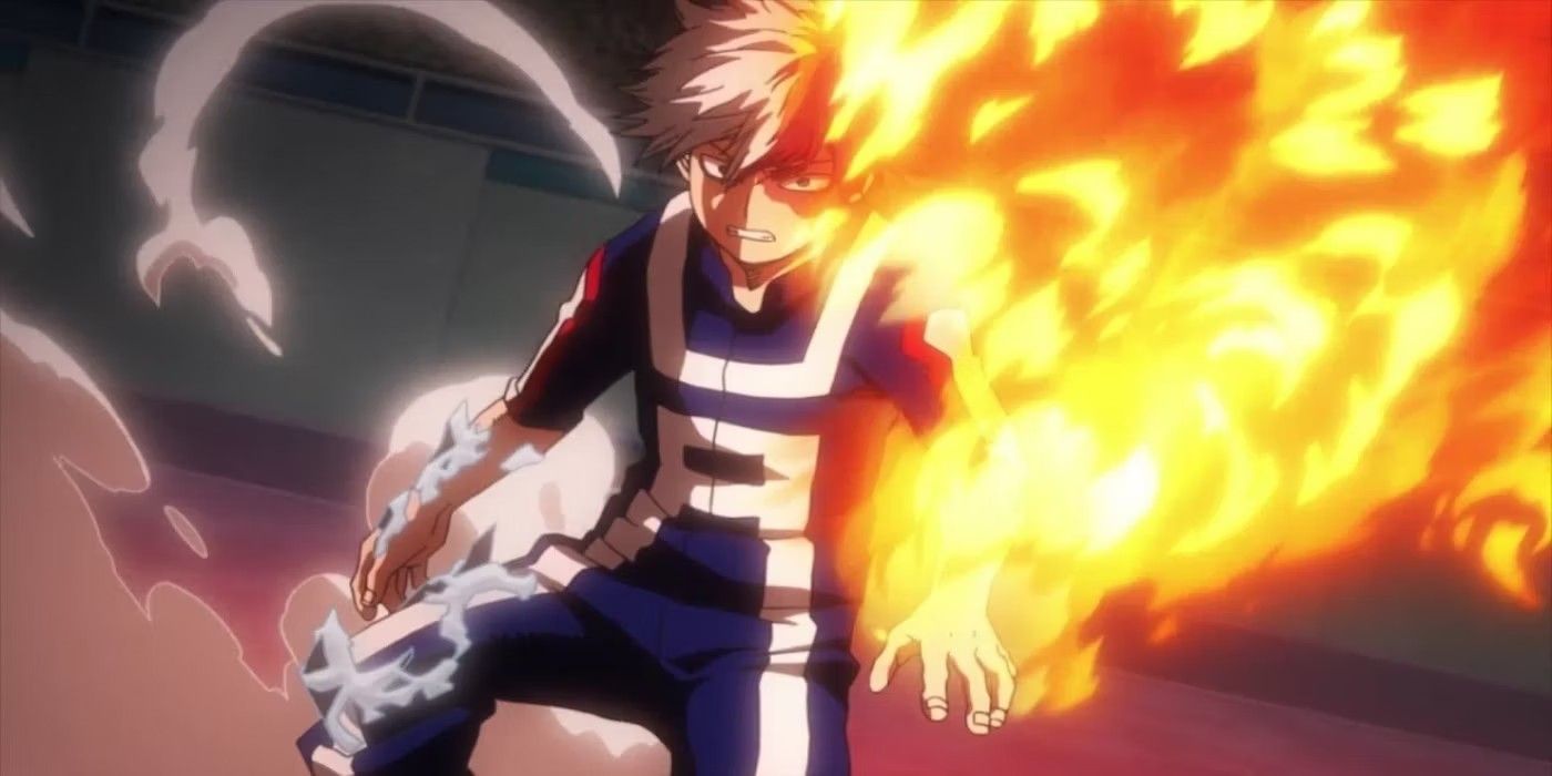 Shoto Todoroki using his fire and ice powers at the same time during the Sports Festival in My Hero Academia
