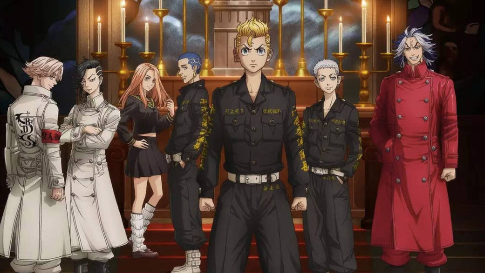 seven people stand in front of an alter