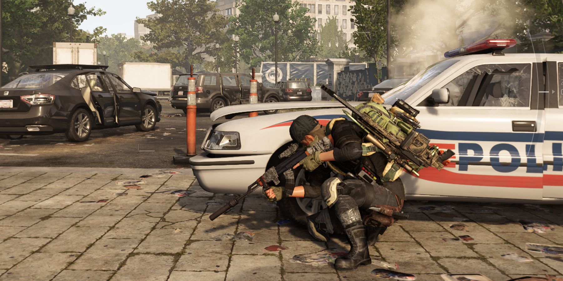 Tom Clancy's The Division 2 Player Taking Cover Behind Police Car