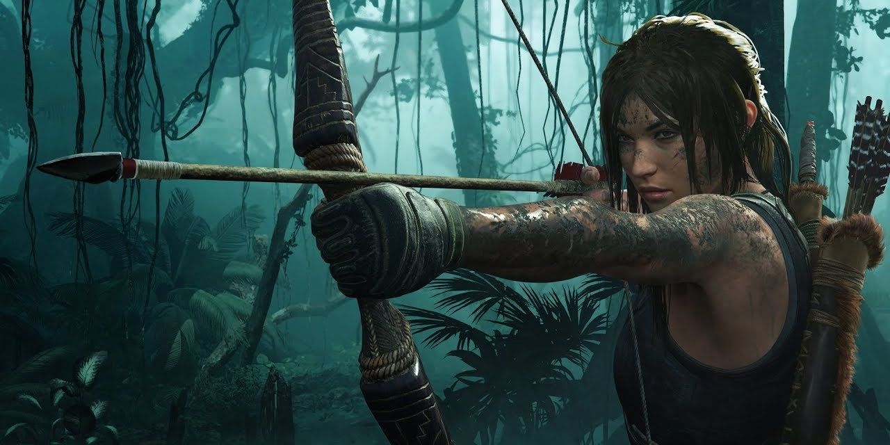 Lara Croft holding a bow and arrow in Shadow of the Tomb Raider