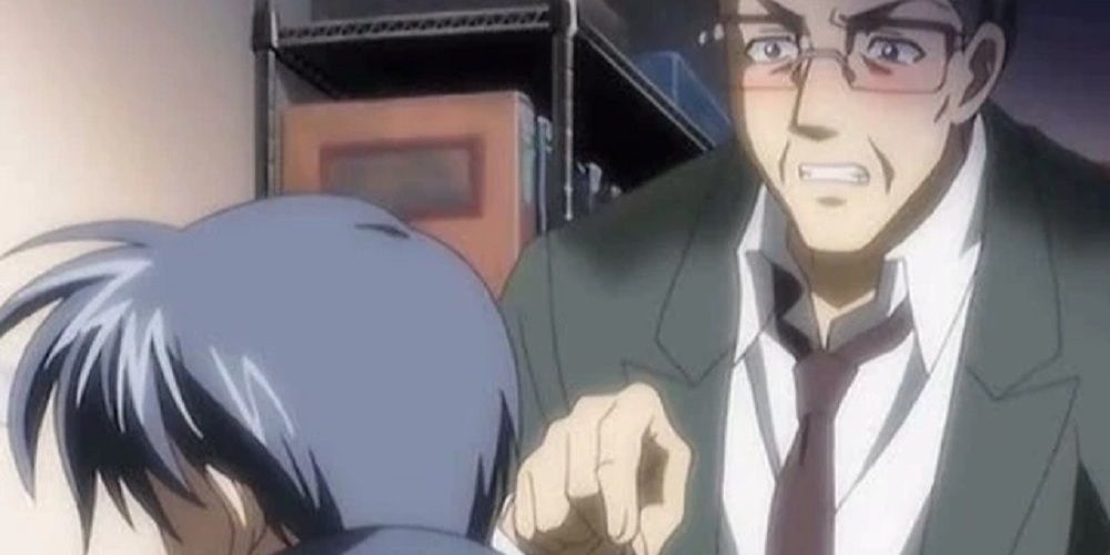 Naoyuki Okazaki arguing with his son Tomoya in the Clannad anime