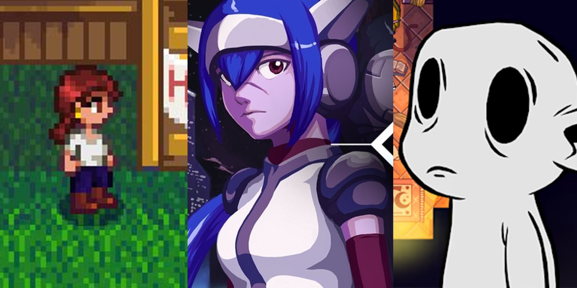 A player character in Stardew Valley; Lea in art for Crosscode; Nobody in Nobody Saves the World