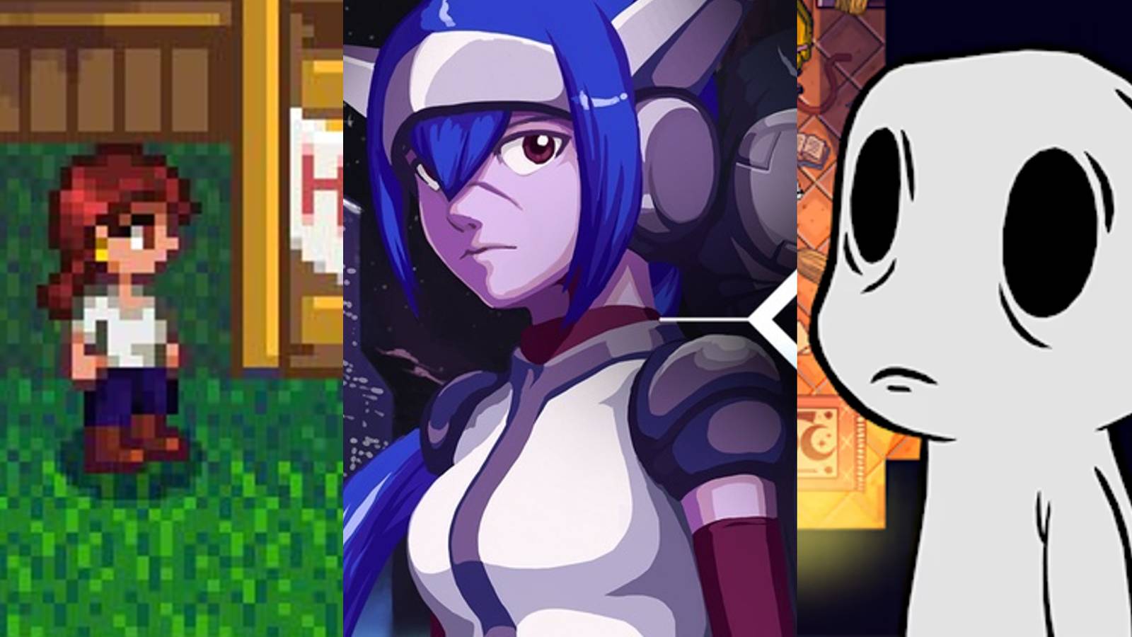 A player character in Stardew Valley; Lea in art for Crosscode; Nobody in Nobody Saves the World
