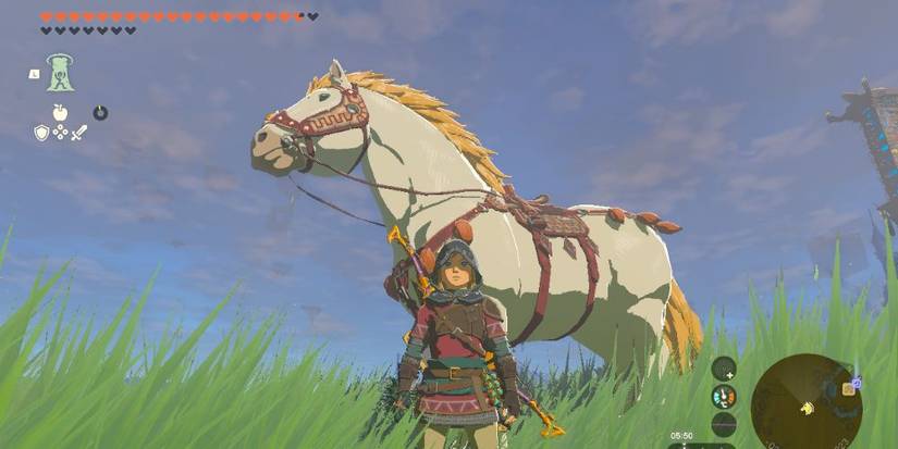 Tears of the Kingdom's Link stood in front of a Giant White Stallion