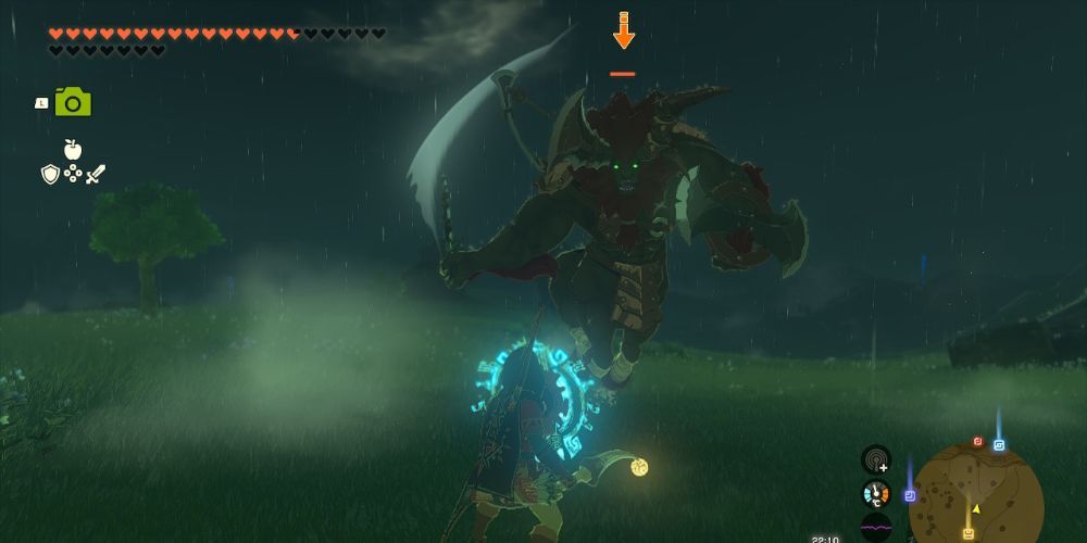 Tears of the Kingdom's Link faces off against a Red-Maned Lynel.