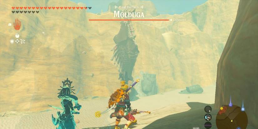 Tears of the Kingdom's Link braces to fight a Molduga while the Spirit of Riju rallies