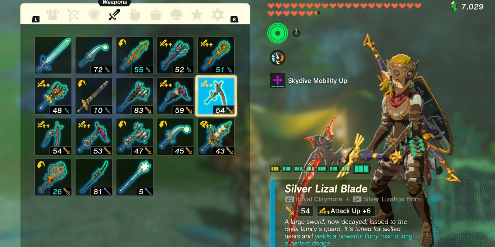 Tears of the Kingdom's Link holding a Silver Lizalfos Blade in his inventory
