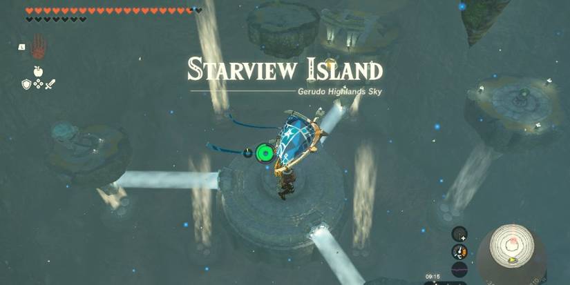 Tears of the Kingdom's Link paragliding into Starview Island